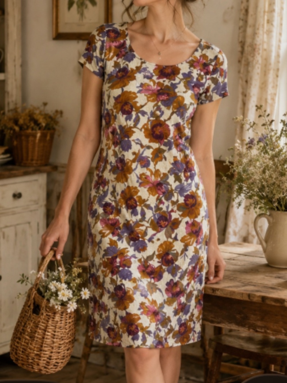 Vintage Deadstock Linen Blend Floral‎ Midi Dress Grandma Cottage Forest Fairy